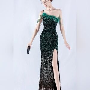 Green and Gold Sequin Gown with High Slit